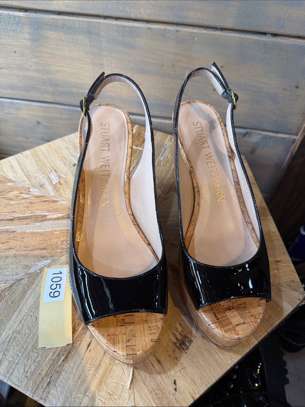 Stuart Weitzman Black Patent Cork Slingback Wedges